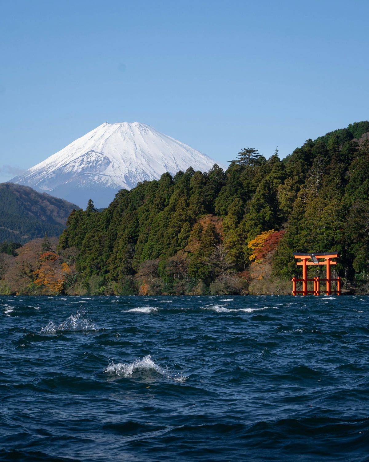 Lake Ashi with Mt. Fuji and torii gate in Hakone