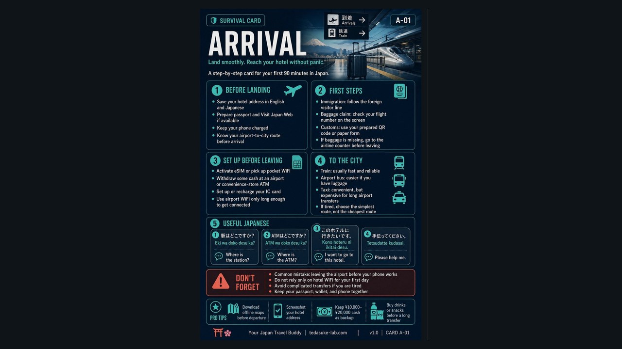 Survival Card — Arrival guide for first 90 minutes