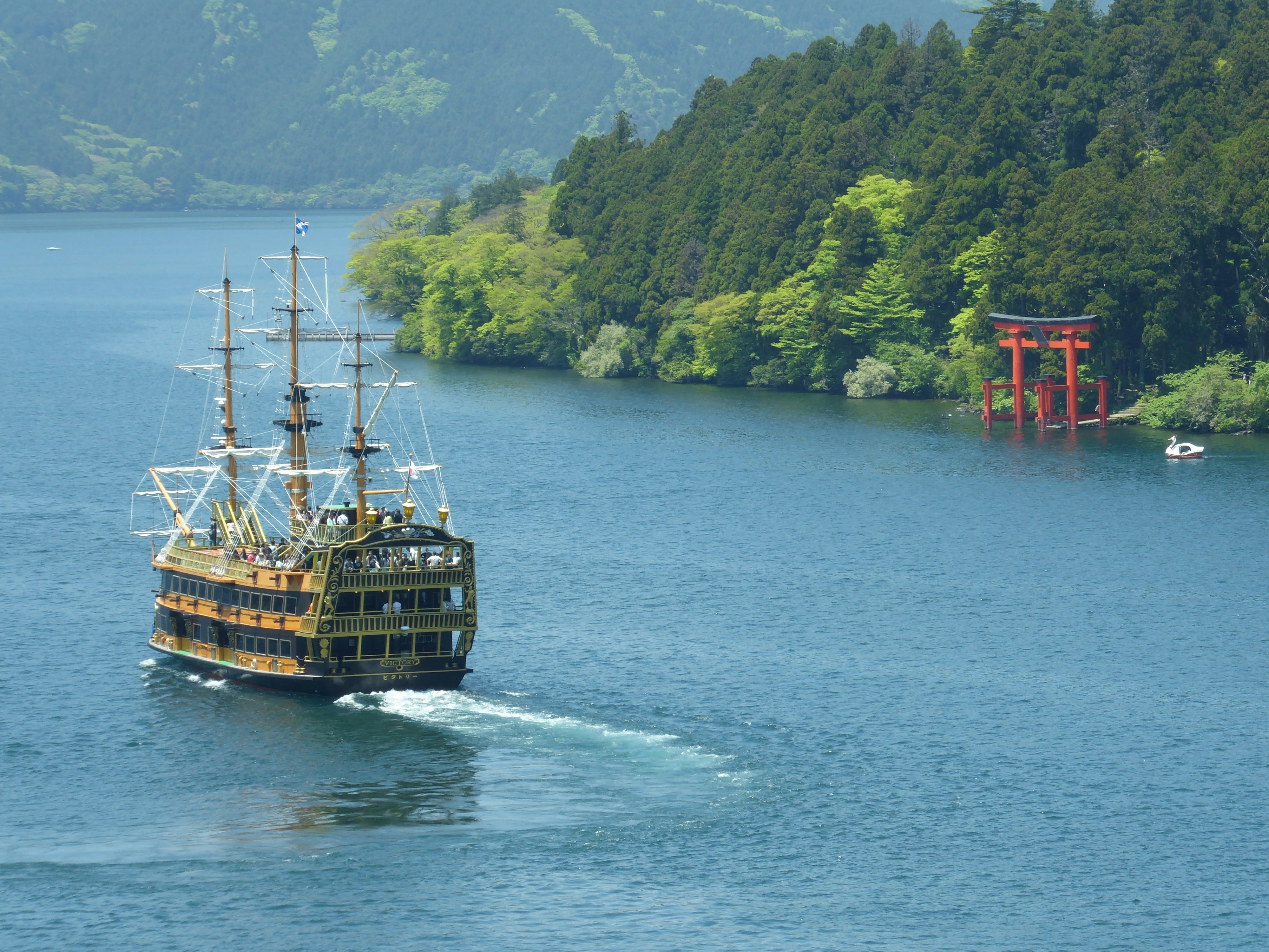 Pirate ship cruise on Lake Ashi with torii gate in Hakone